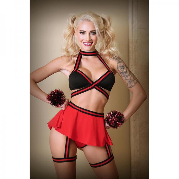 Bralette, Skirt Panty, With Detachable Leg Garter And Pom Pom Wristlets M/l Black And Red